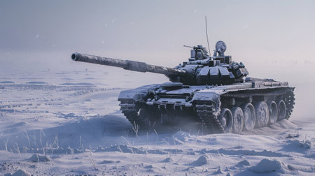Heavy tank in the snow. 3D illustration. Vintage style.の素材