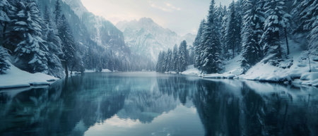 Beautiful winter landscape with snow covered trees and lake in the mountainsの素材