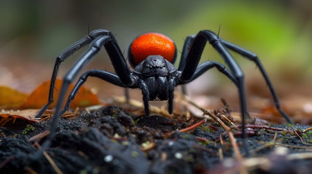 Close up of a black and red spider in the rainforest.の素材