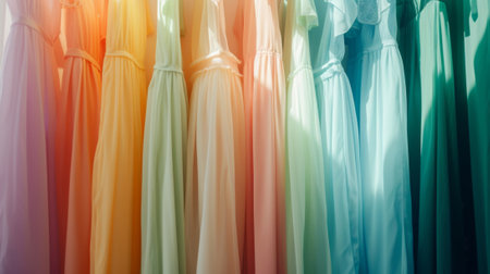 Close up of women's dresses in a row. Selective focus.の素材
