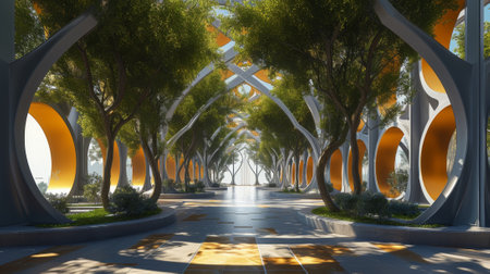 3D rendering of a futuristic road in the middle of the parkの素材