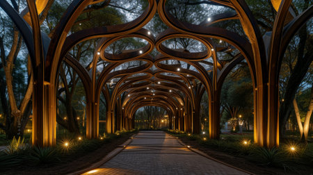 Walkway in the park at night with glowing lights. 3d renderingの素材