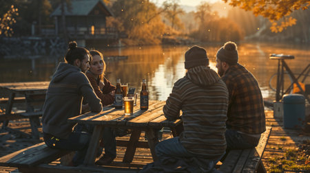 Group of friends drinking beer on a wooden pier near the river.の素材
