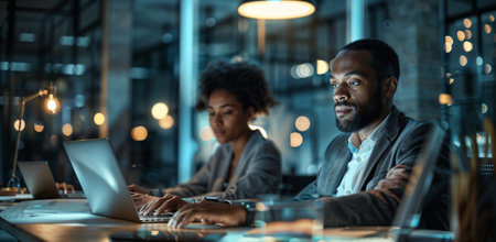 Business people working on laptop at night in office. African-american man and caucasian woman in formal wear using laptop. Teamwork conceptの素材