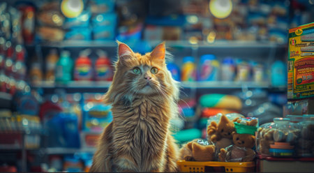 Cute ginger cat sitting in a pet shop. Shallow depth of fieldの素材
