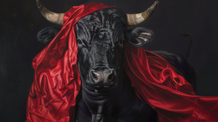 Black bull with red cape on black background. Symbol of 2021.の素材