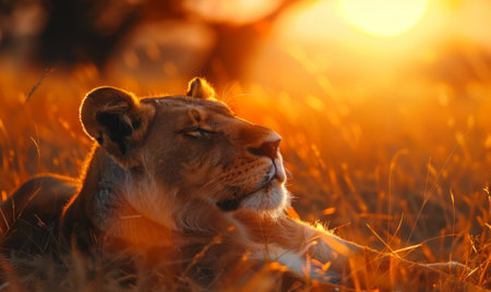 Lioness lying in the grass in the sunset light. Wildlife scene from Africa.の素材