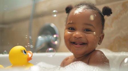Cute african american baby playing with bubbles in bathtubの素材