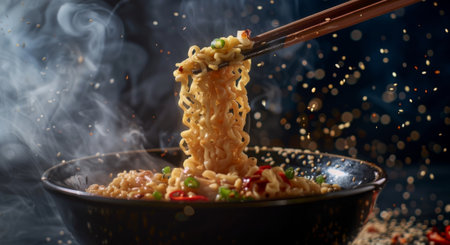 noodles in a black bowl with chopsticks on a dark backgroundの素材