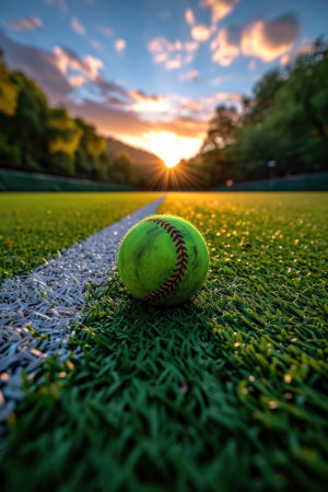 Baseball ball on green grass field with sunset background, soft focusの素材