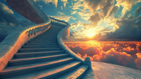 Staircase leading up to heaven. 3d render illustration.の素材