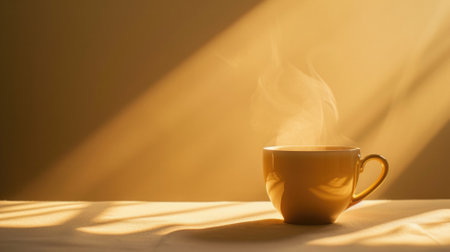 Cup of coffee on a wooden table in the rays of sunlightの素材