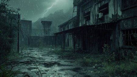 abandoned factory in the jungle with stormy sky and rainの素材