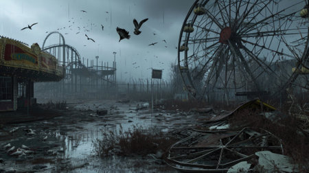 Abandoned amusement park in the winter with a ferris wheelの素材