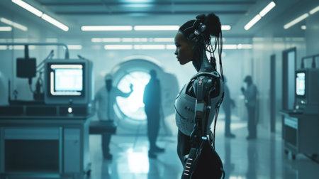 Side view of african american female robot standing in modern hospital corridor.の素材