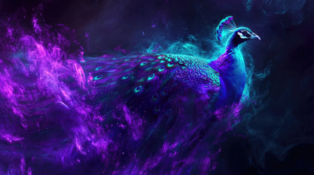Beautiful peacock with feathers in colorful smoke, 3D renderingの素材