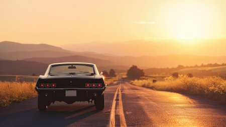 Retro car on the road at sunset. Retro car concept.の素材