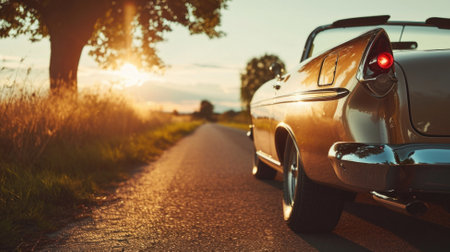 Vintage car on the road at sunset. Retro car background.の素材