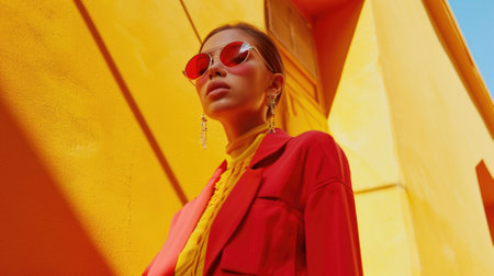 Fashionable young woman in a red coat and sunglasses on a yellow backgroundの素材
