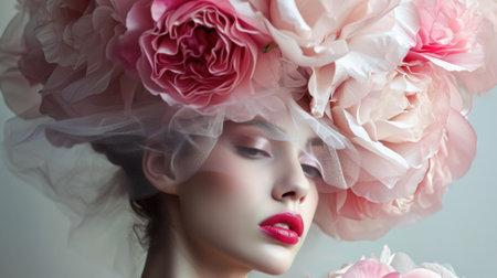 fashion studio photo of beautiful sensual woman with dark hair in elegant wreath of peoniesの素材