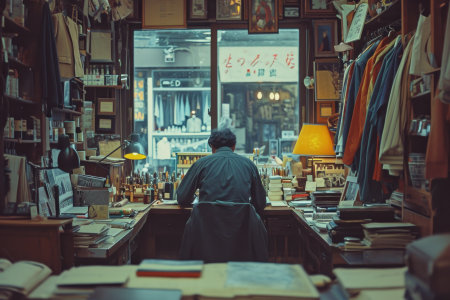 Unidentified man buying old books in antique shop.の素材