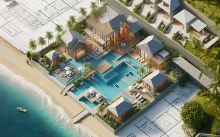 Aerial view of luxury villas and swimming pool in tropical resortの素材