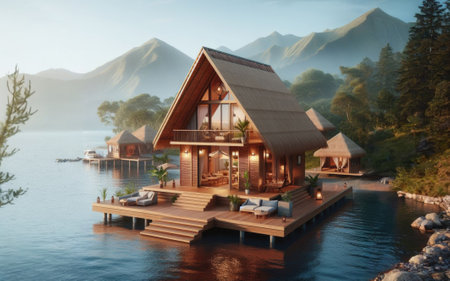3d rendering of a wooden house on the water with mountains backgroundの素材