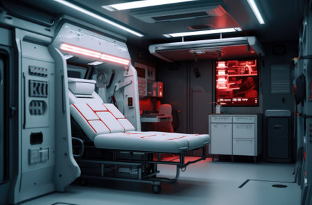 3D rendering of an emergency room with a bed and emergency equipmentの素材