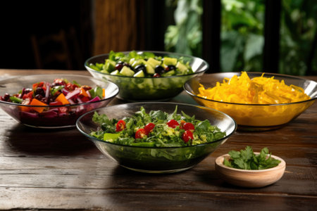 Bowls with tasty Mexican salad on wooden table, closeupの素材
