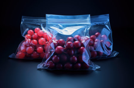 Cherries in plastic bags on a black background with copy space.の素材
