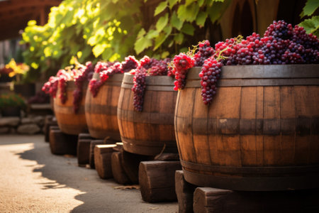 Grapes in wooden barrel on vineyard, winemaking conceptの素材