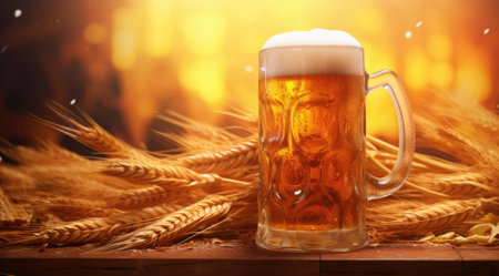 Mug of beer with wheat ears on wooden table on blurred backgroundの素材