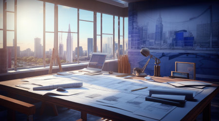 Contemporary office interior with furniture and city view. 3D Renderingの素材