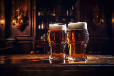 Two glasses of beer on a wooden table in a pub. Dark background.の素材