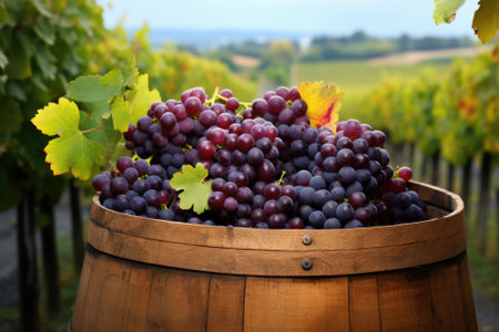 Ripe grapes in barrel on vineyard background, close-upの素材