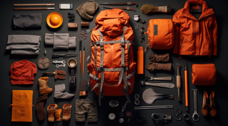 Hiking equipment on black background. Backpack, trekking gear, backpack, compass, gloves, hat and other equipment.の素材