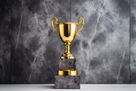 Trophy cuple pedestal with marble wall background. Award concept.の素材