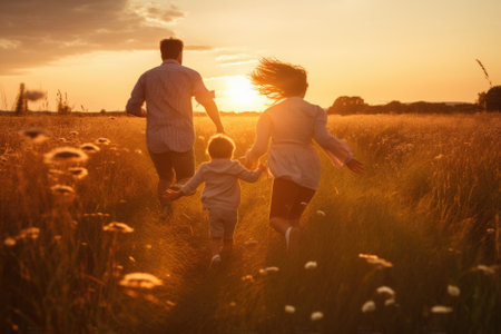Happy family having fun on the field at sunset. Mother, father and son having fun outdoorsの素材