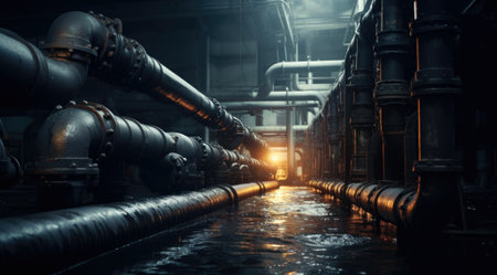 Industrial zone, Steel pipelines and cables in a factory at nightの素材