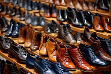 Men's shoes on a shelf in the store. Shallow depth of fieldの素材