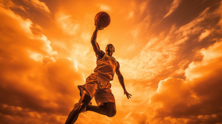 basketball player practicing and posing for basketball and sports athlete concept on sunset backgroundの素材