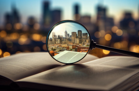 Magnifying glass on an open book with a city skyline in the backgroundの素材