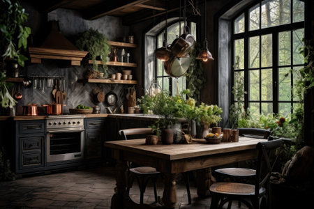 Interior of a rustic kitchen with wooden furniture and plants.の素材