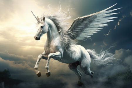 White pegasus with wings and clouds in the background. 3d renderingの素材