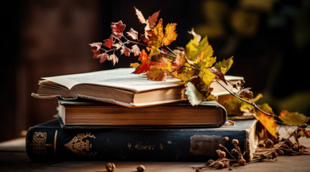 Books and autumn leaves on a wooden table. Selective focus.の素材