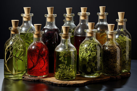 Assortment of medicinal herbs in bottles on black background. Alternative medicine concept.の素材