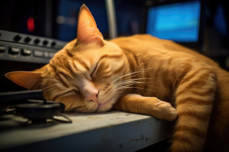 Cute ginger cat sleeps on a computer desk in the office.の素材