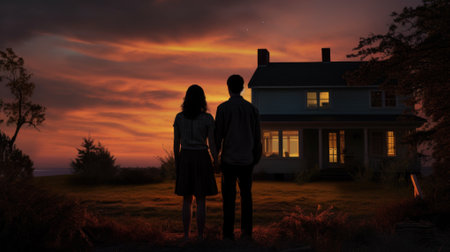 A young couple standing in front of their house and looking at the sunsetの素材