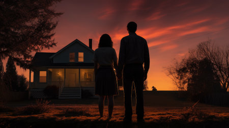 Couple in front of their new house at sunset. Concept of real estate.の素材