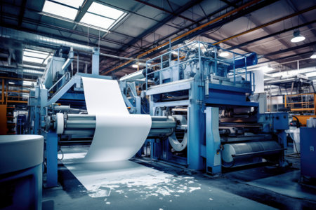 Production line of the textile factory. CNC automatic production line. Industrial backgroundの素材